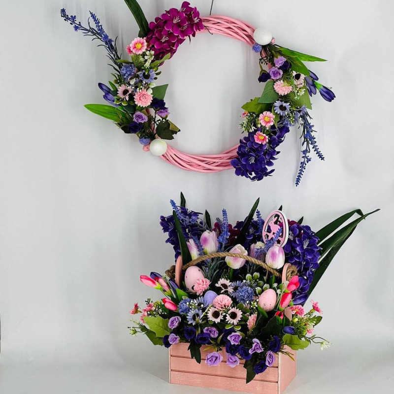 Easter composition decor 2 in 1 wreath and bouquet of artificial flowers, standart