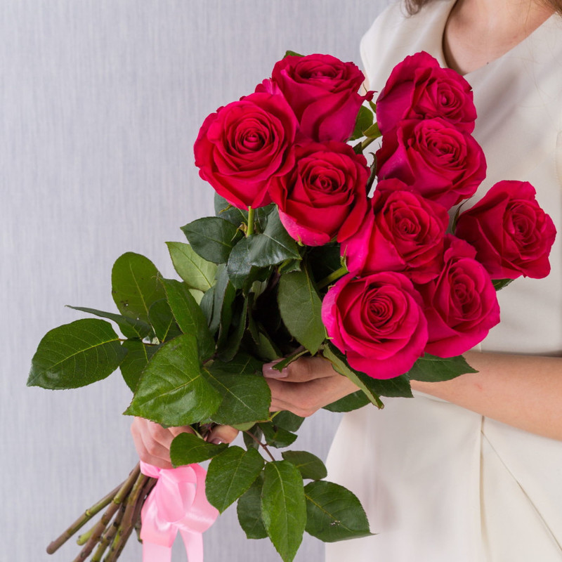 Букет из 9 розовых роз с крупным бутоном 60 см, №36399, стандартный