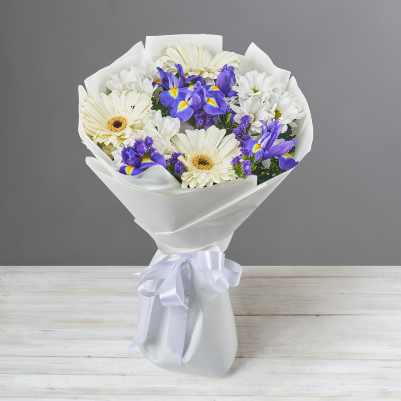 Bouquet of white gerberas, irises and chrysanthemums, standart
