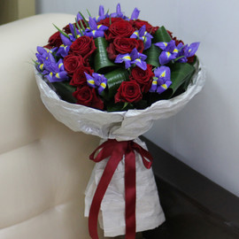 Red roses and blue irises