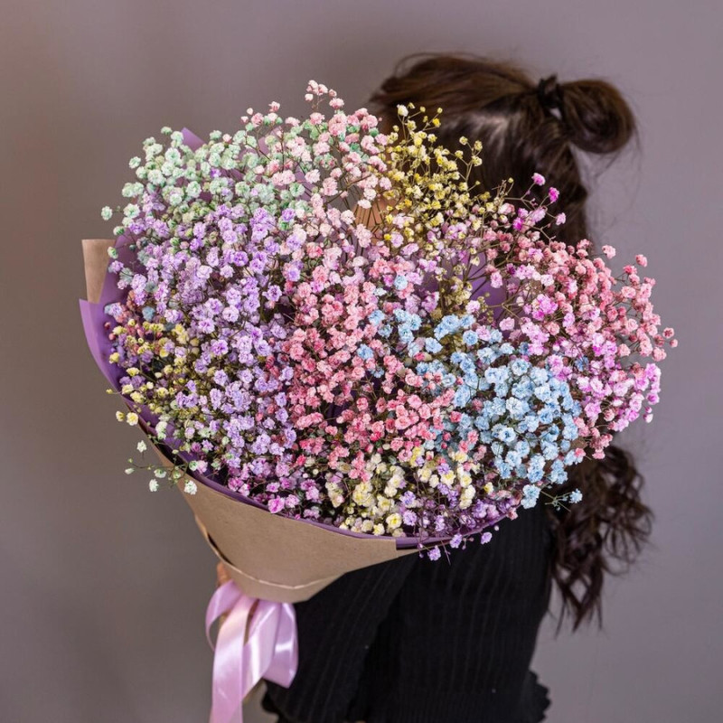 Bouquet of 7 rainbow gypsophila in designer decoration 45 cm, standart