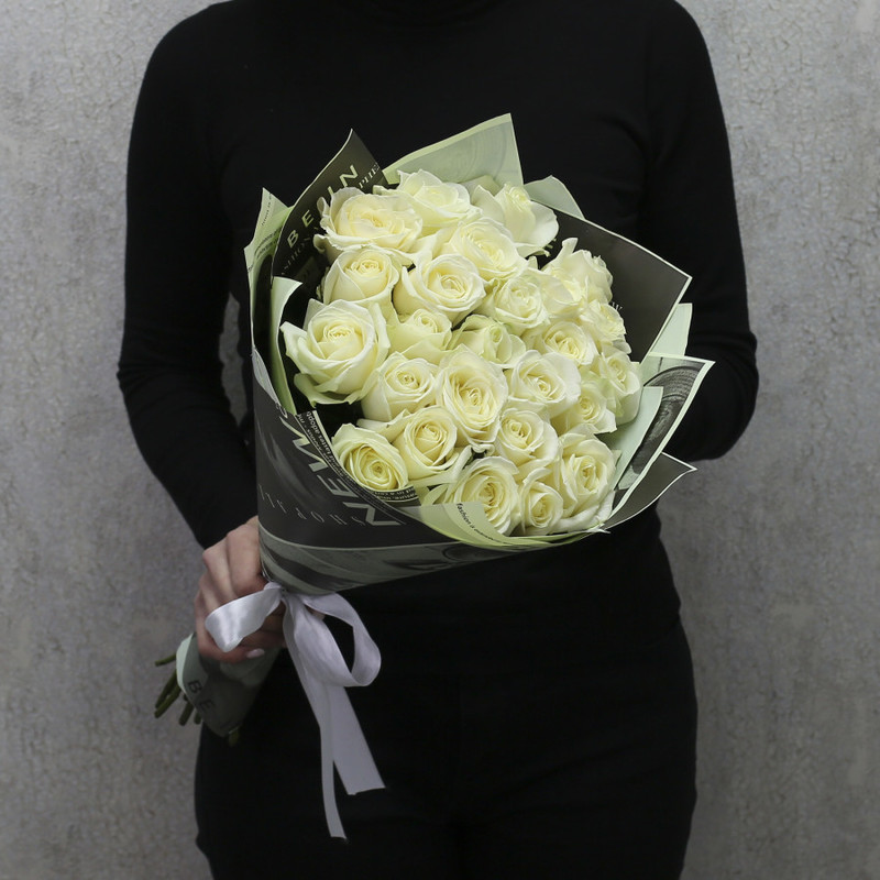 25 white roses "Avalanche" 50 cm in a designer package, standart