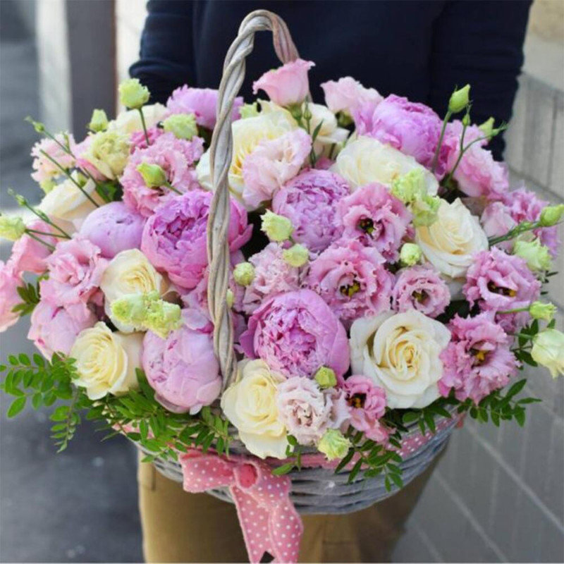 Basket with peonies, roses and eustoma "Morning in the garden", standart