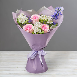 Bouquet of pink roses, alstroemerias and delphiniums