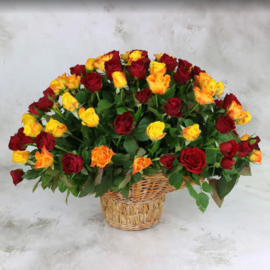 101 желтая и красная роза в корзине (40 см)