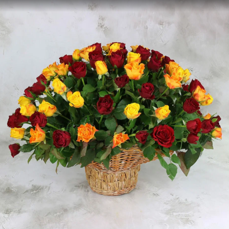 101 желтая и красная роза в корзине (40 см), стандартный