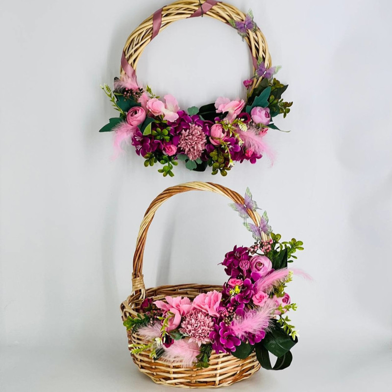Easter decor wreath and basket with artificial flowers, standart