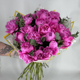 Large bouquet of 25 peonies with eucalyptus sprigs