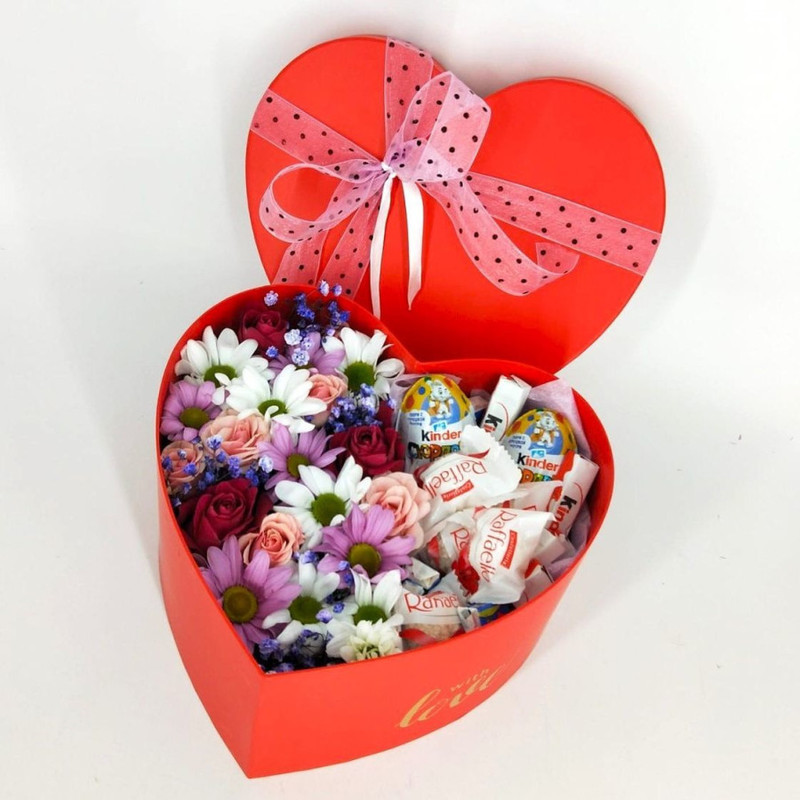 Цветы в коробке сердце подарок на 14 февраля, стандартный