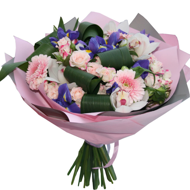 Bouquet of pink gerbera and irises, standart