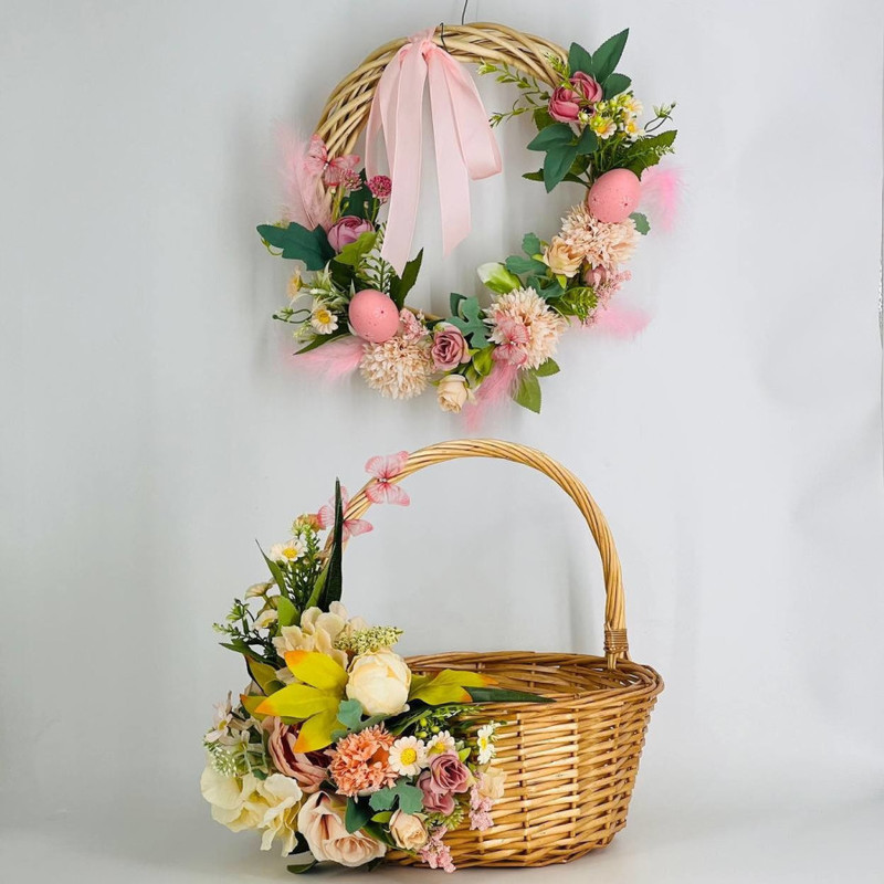 Easter wreath and basket with artificial flowers, standart