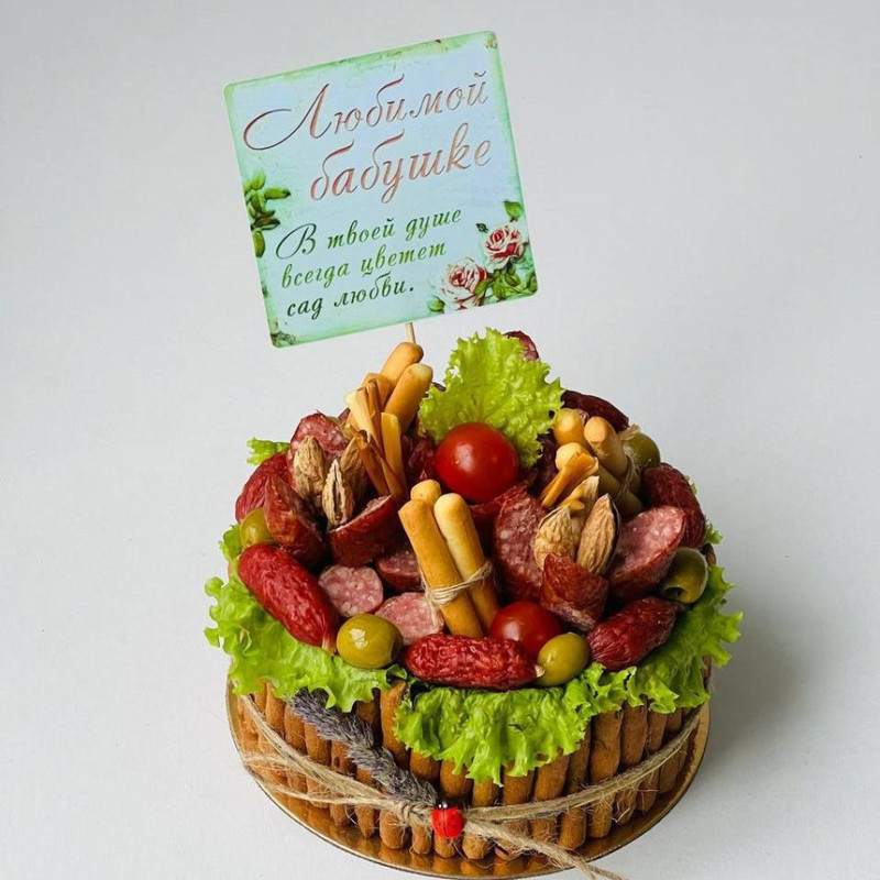 Gift for grandmother cake from snacks and sausages, standart