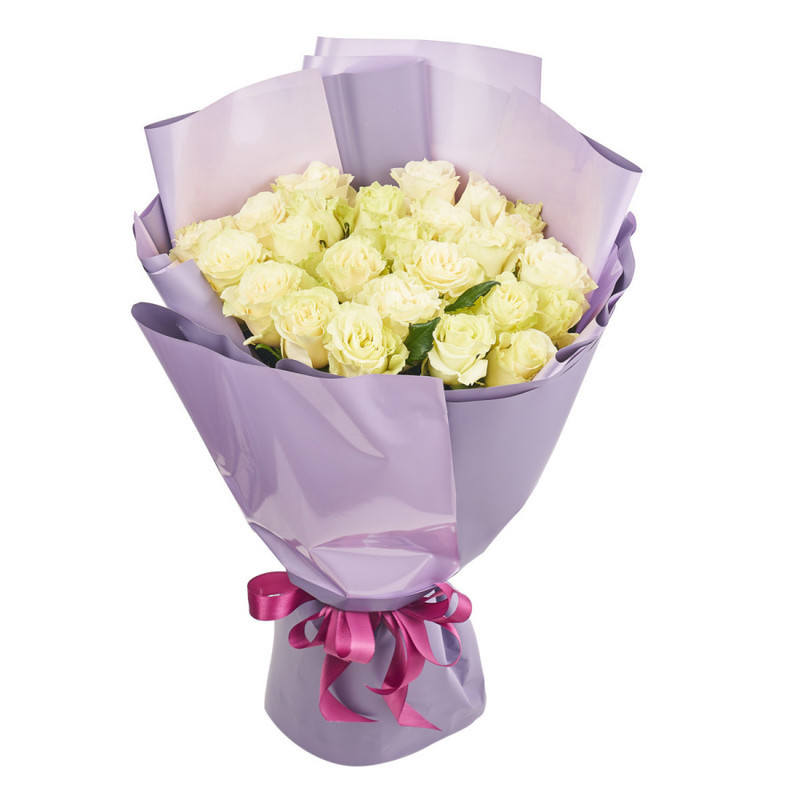 Bouquet of 25 white roses in a package, standart