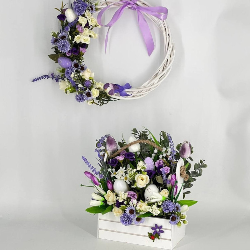 Easter decor wreath and bouquet in a wooden box, standart