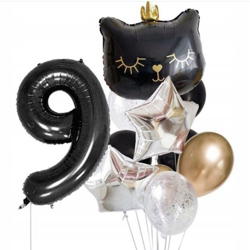 Set of balloons with a number and a black cat with a golden crown, standart
