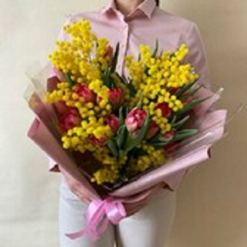 Bouquet of mimosa with tulips, standart