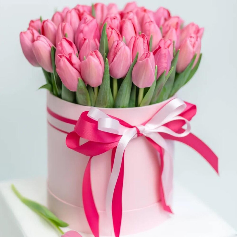 Bouquet of 51 Pink tulips in a box, standart