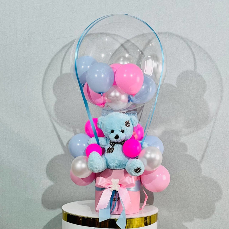 A gift for a girl a bouquet with balloons and a teddy bear, standart