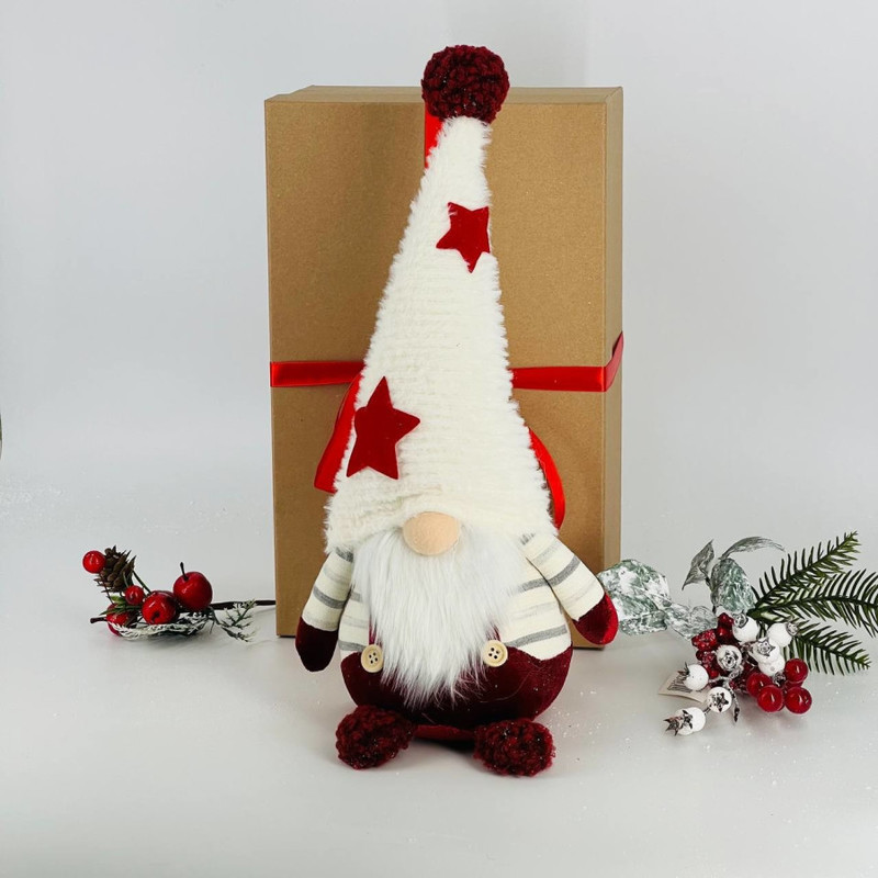 Кукла интерьерная ручной работы гном Дед Мороз в колпаке  со звёздами, стандартный