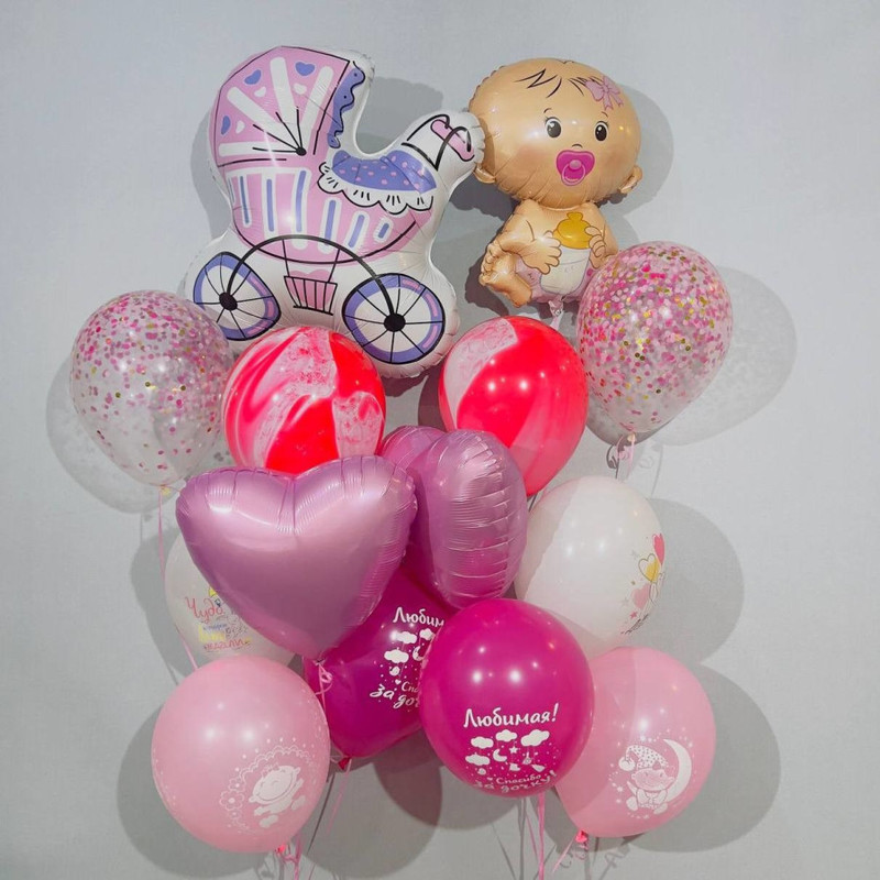 Arrangement of balloons for discharge from maternity hospital for a girl, standart