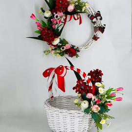 Easter set basket and wreath with artificial flowers