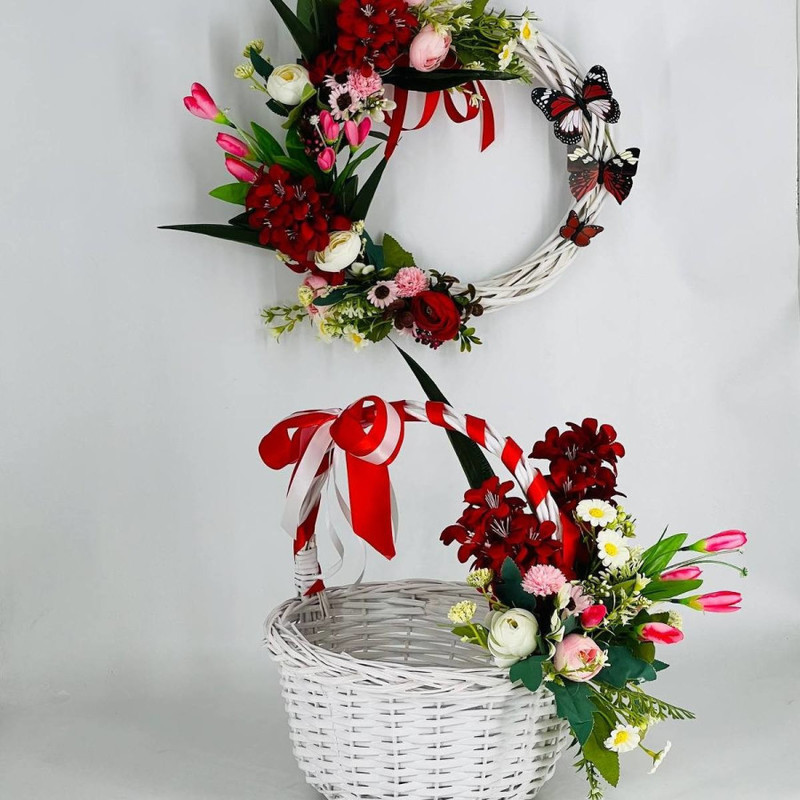 Easter set basket and wreath with artificial flowers, standart