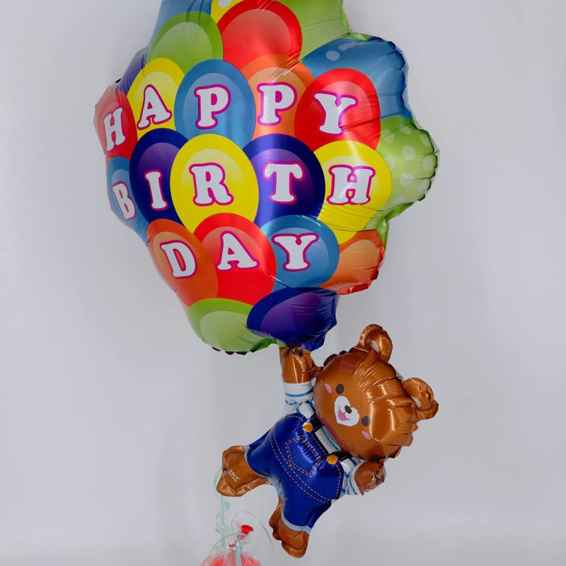 Шар фигура медвежонок с шариками на День рождения, стандартный