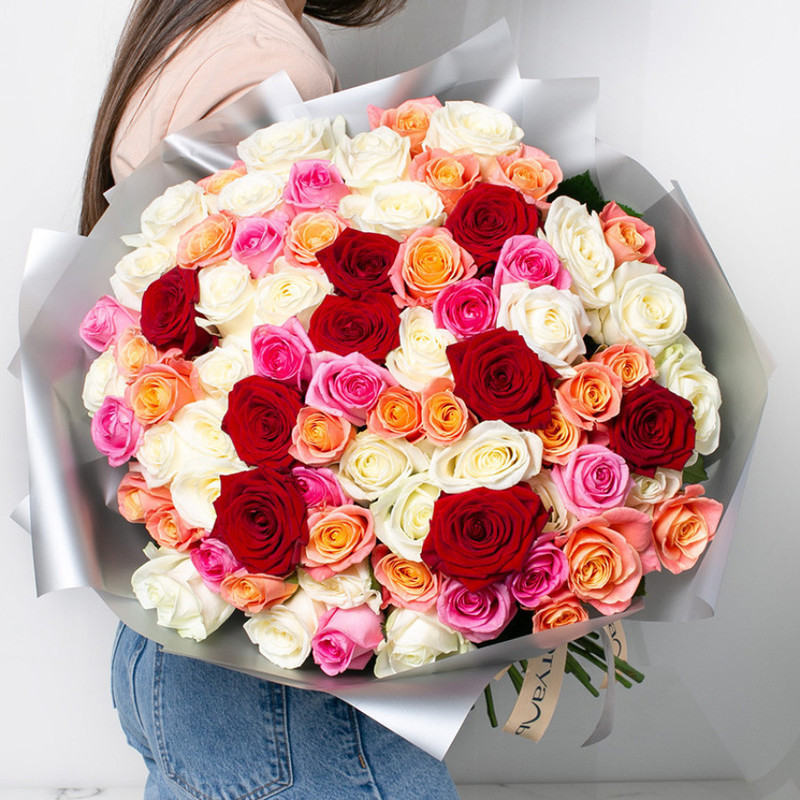 Bouquet of fresh flowers from multi-colored roses 71 pcs. (40 cm), standart