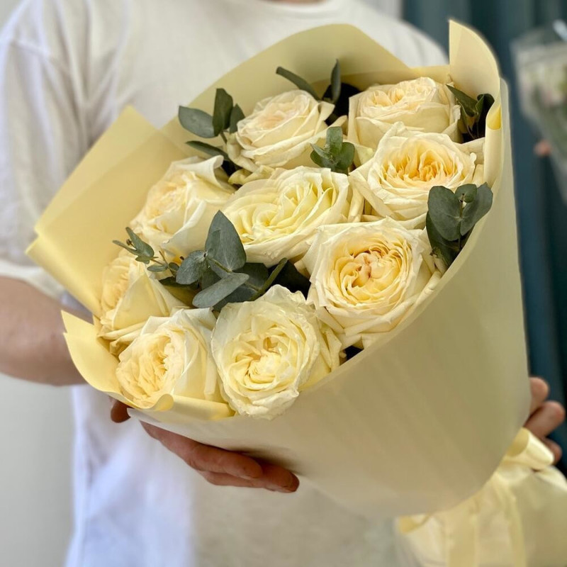 Bouquet of cream peony roses with eucalyptus, standart