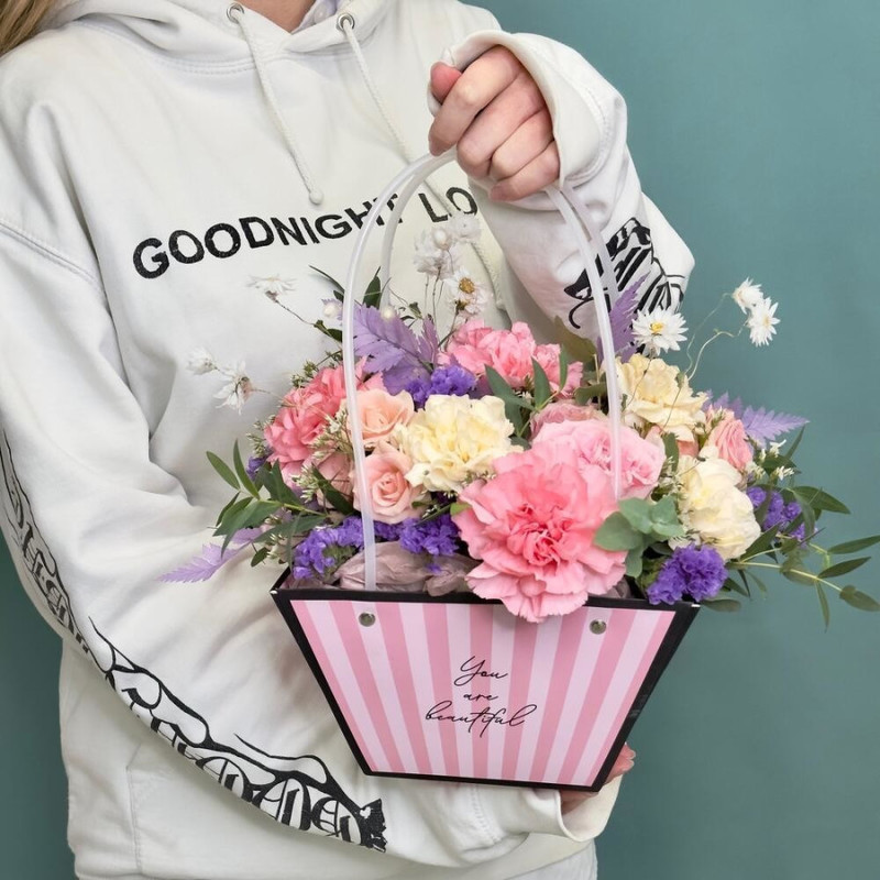 “Violet secret” roses, dianthus in a stylish bag, standart