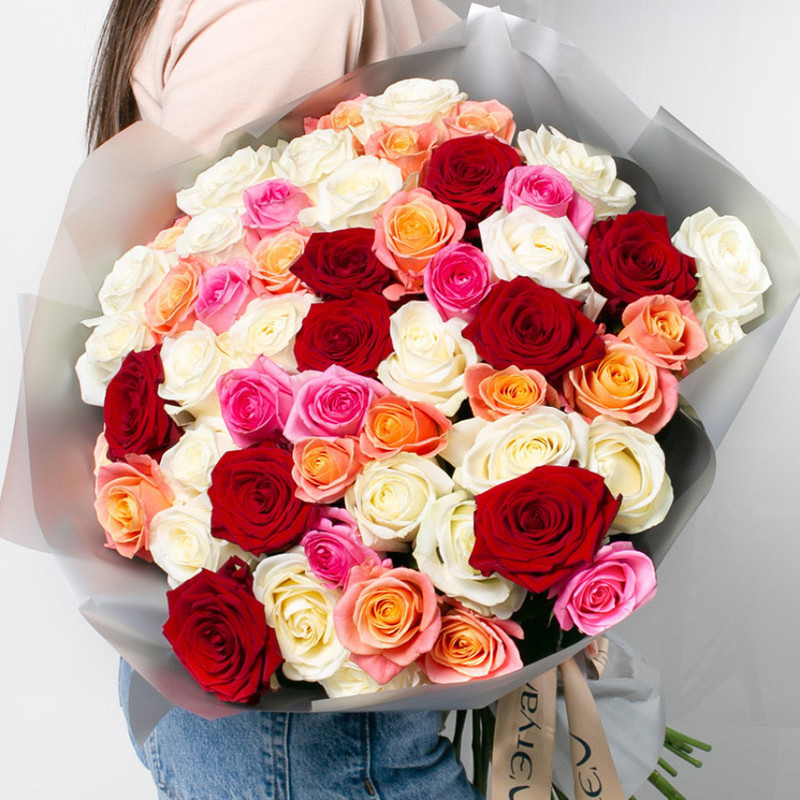 Разноцветные розы 51 шт. (40 см), стандартный