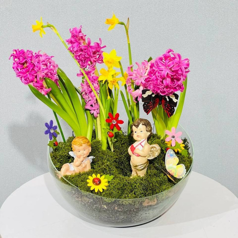 Hyacinths daffodils in a glass vase with Angels, standart
