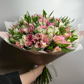 Bouquet of 39 pink and white alstroemerias in designer decoration 50 cm