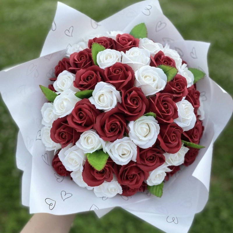 White-red bouquet of 51 soap roses, standart