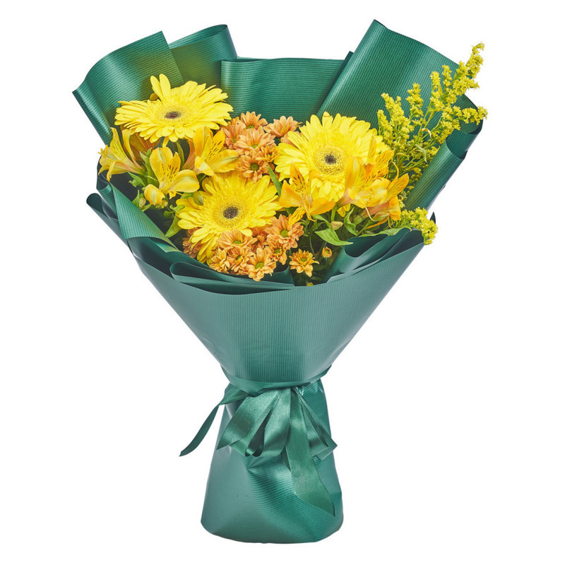Bouquet of bright gerberas, alstroemerias and chrysanthemums, standart