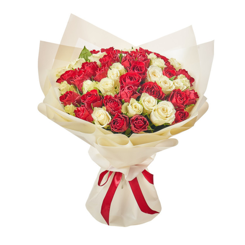 Bouquet of 51 red and white Kenyan roses in a package, standart
