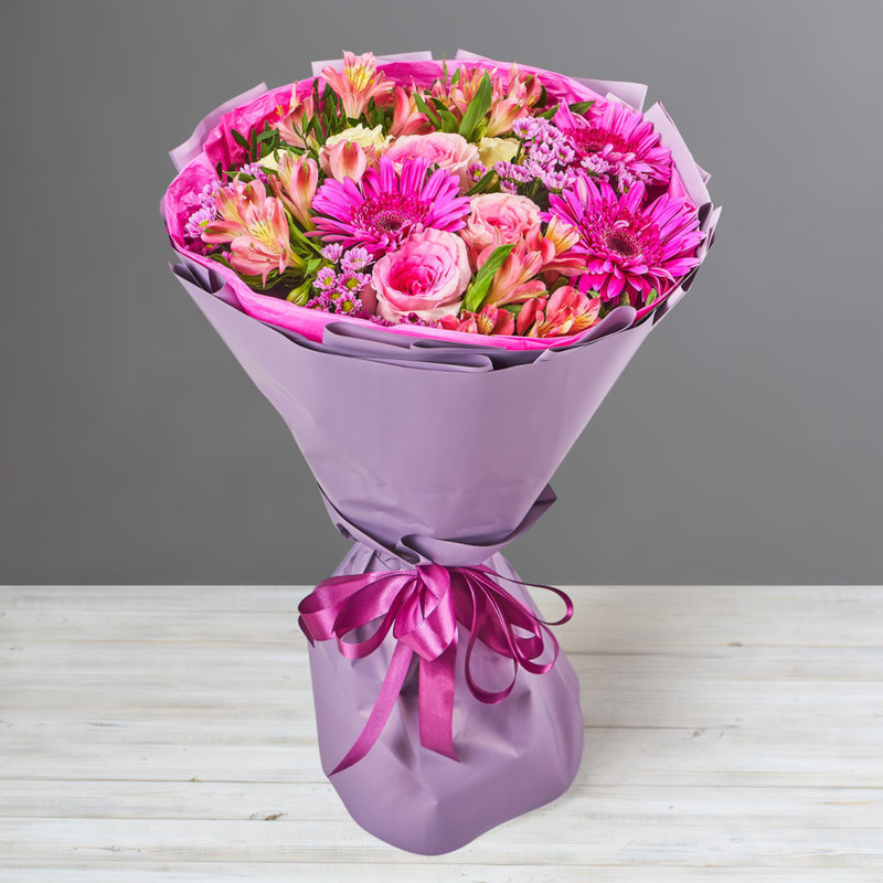 Bouquet with crimson gerberas, roses and alstroemerias, standart