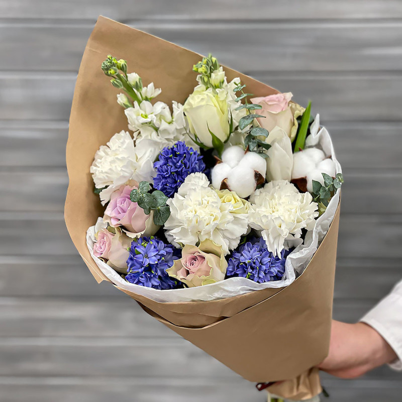 Bouquet of roses, hyacinths, tulips and cotton craft, standart