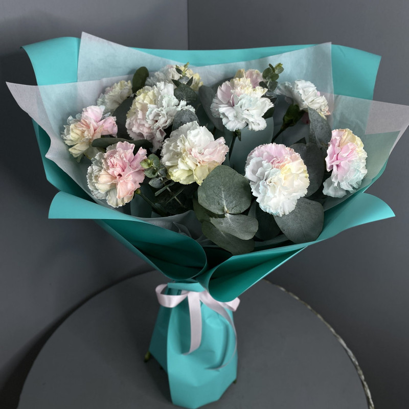 Bouquet with watercolor dianthus and eucalyptus, standart