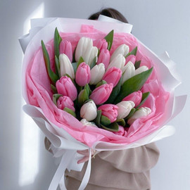 Bouquet of white and pink tulips