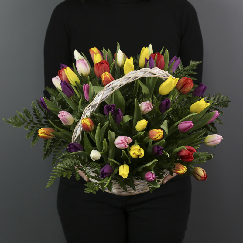 51 tulips mix in a basket with fern, standart