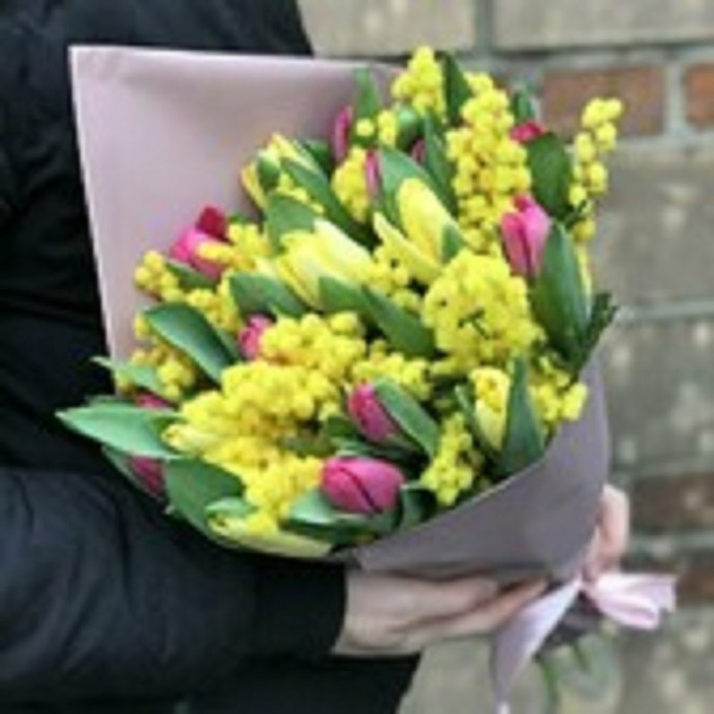 Bouquet of tulips with mimosa, standart
