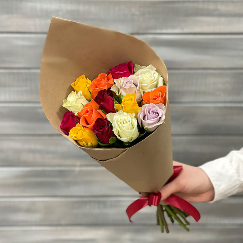 Bouquet of 15 multi-colored roses 40 cm craft, premium