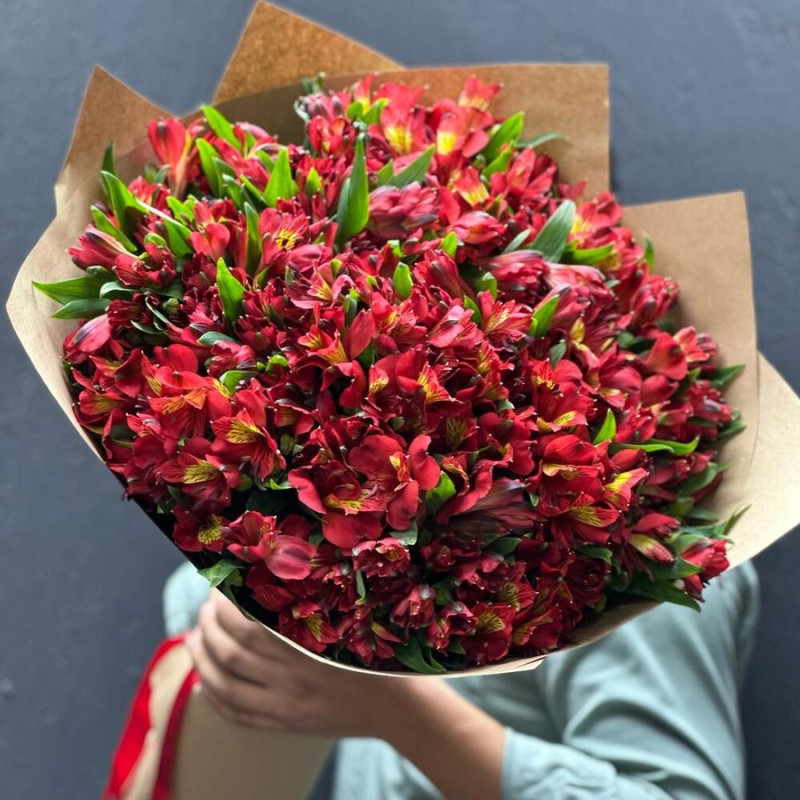 Bouquet of 29 red alstroemerias in craft 60 cm, standart