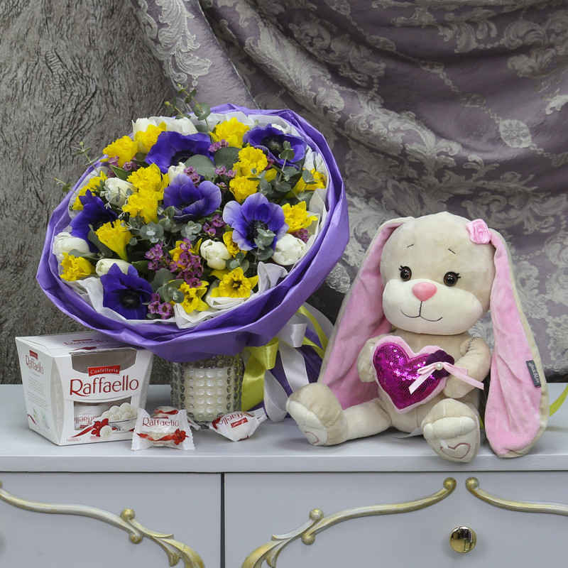 Combo set: Bouquet "Minuet", Hare, Raffaello Candy, standart