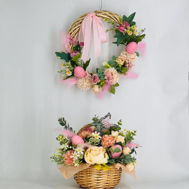 Easter set of wreath and bouquet of artificial flowers