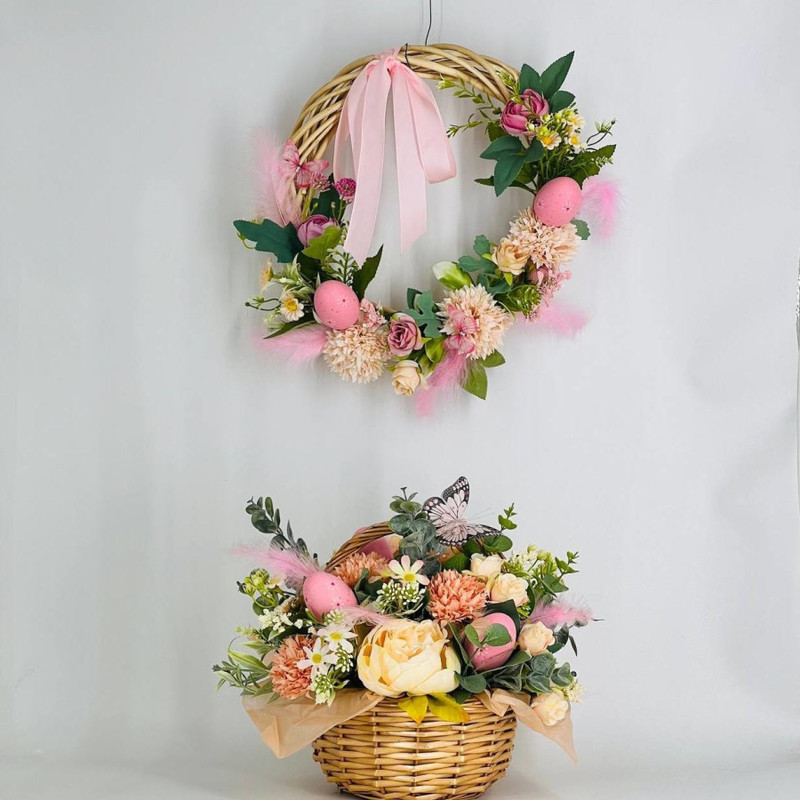 Easter set of wreath and bouquet of artificial flowers, standart