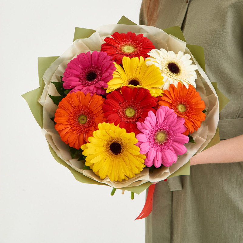 Bouquet of 9 colorful gerberas in designer packaging, standart