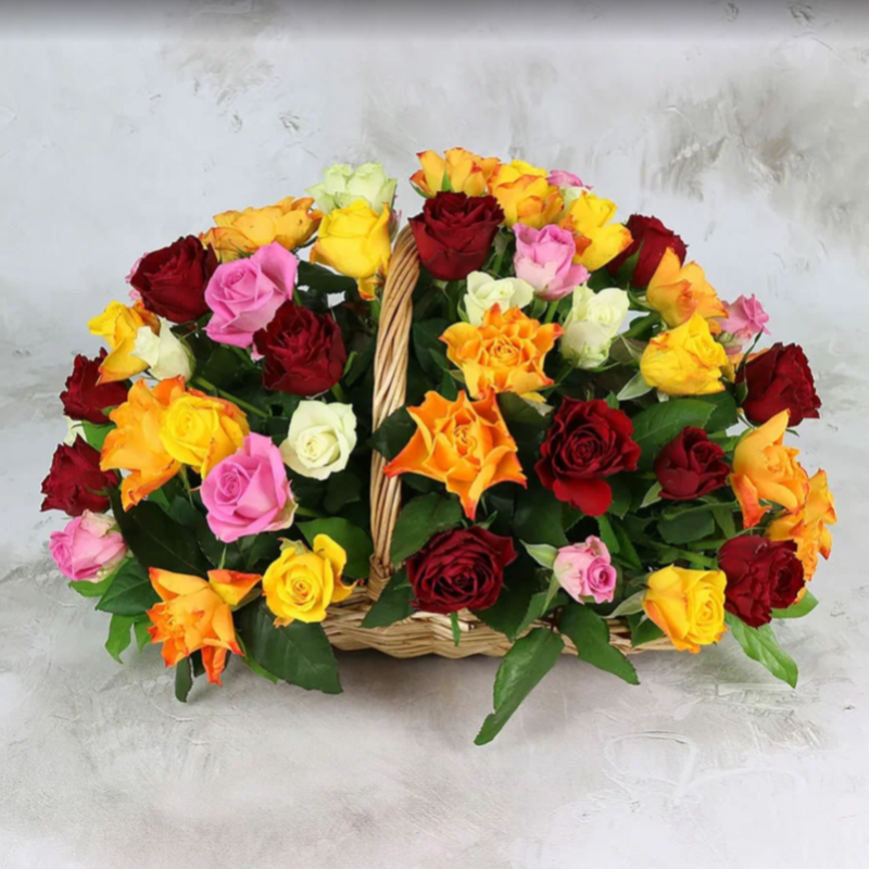 51 multi-colored roses 40 cm in a basket, standart