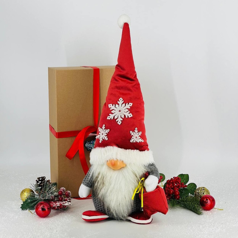 Interior handmade toy gnome Santa Claus with a bag, standart
